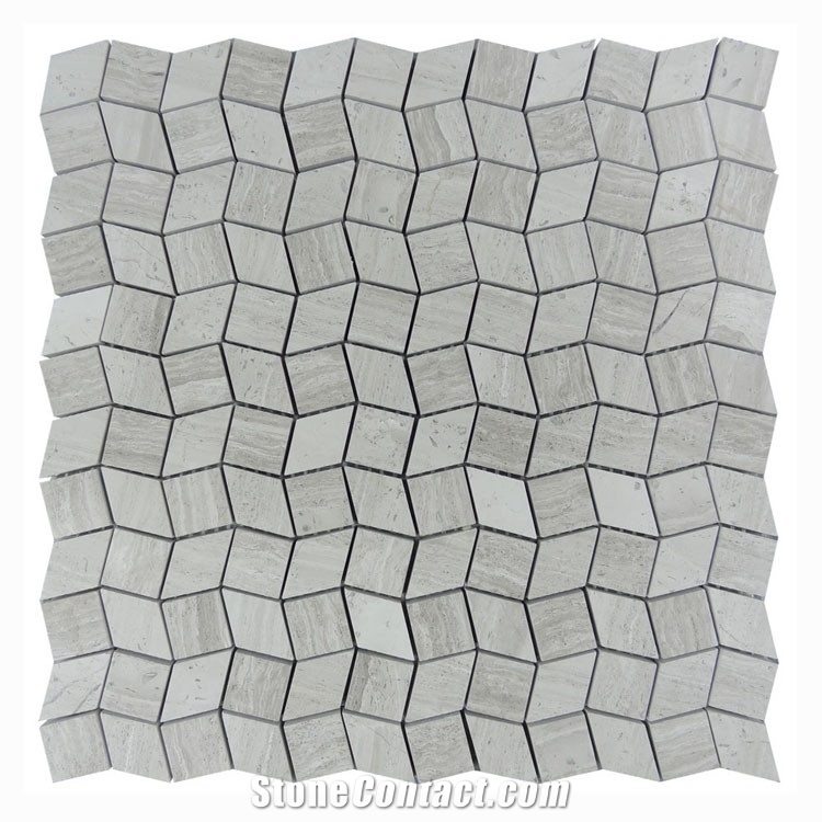 Stone Wooden Gray White Marble Rhombus Shaped Mosaic Tile, White Oak Silver Cream Floor Wall Mosaic,White Oak, White Wood Vein, Athen Grey Marble Mosaic, Grey Wood Vein Marble