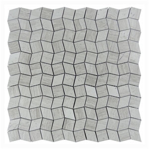 Stone Wooden Gray White Marble Rhombus Shaped Mosaic Tile, White Oak Silver Cream Floor Wall Mosaic,White Oak, White Wood Vein, Athen Grey Marble Mosaic, Grey Wood Vein Marble