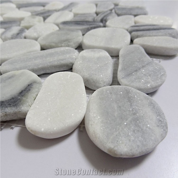 White and Black Natural Marble Stone, Crystal White and Mamara Marble Mosaic Tile, Mamara Pebble Mosaic