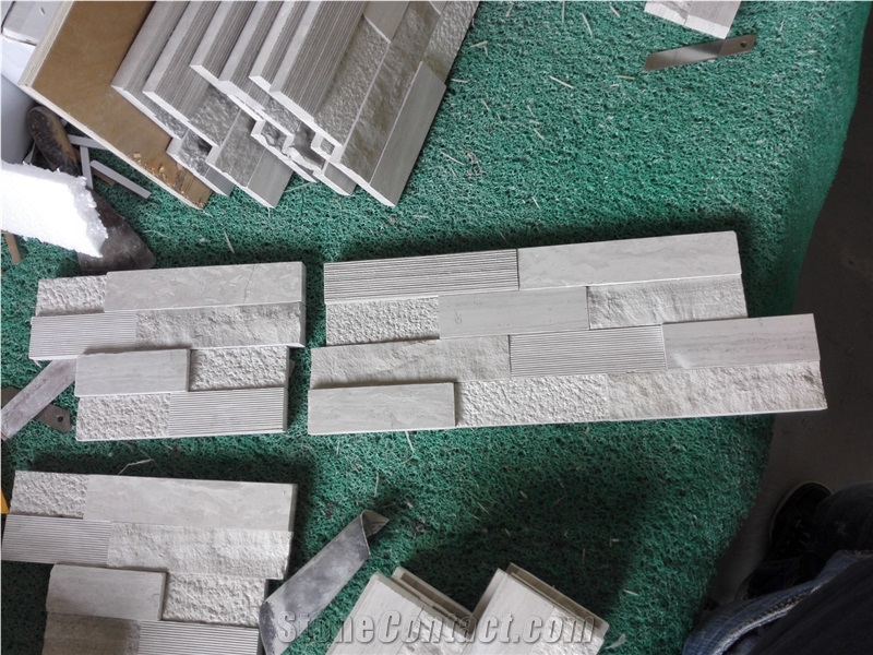 White Oak,China White Wooden Vein Marble Split, Grooved and Acid Washing Z Shape Ledge Stone Panel,Stone Veneer Panel,Culture Stone,Wall Cladding, Exposed Wall Stone