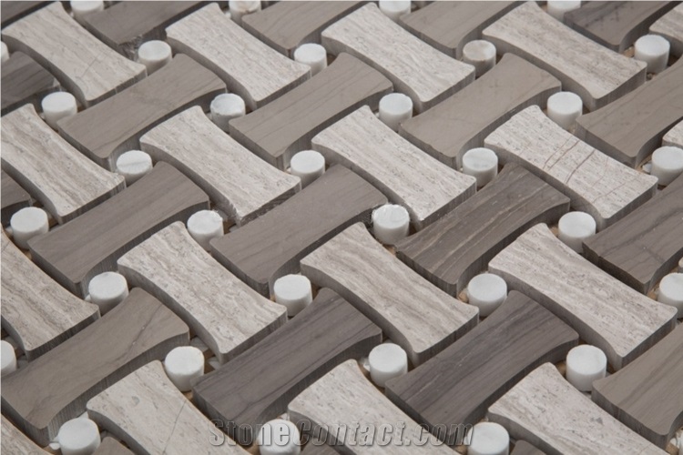 Wood Grain Marble Dogbone White Dots Backsplash Basketweave Mosaic Tile,White Oak Silver Cream Floor Wall Mosaic, White Wood Vein, Athen Grey Marble