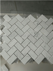 Bianco Carrara White Marble Polished Basketweave Mosaic for Bathroom Wall Floor Covering,Kitchen Backsplash,Interior Herringbone Mosaic Pattern Tile
