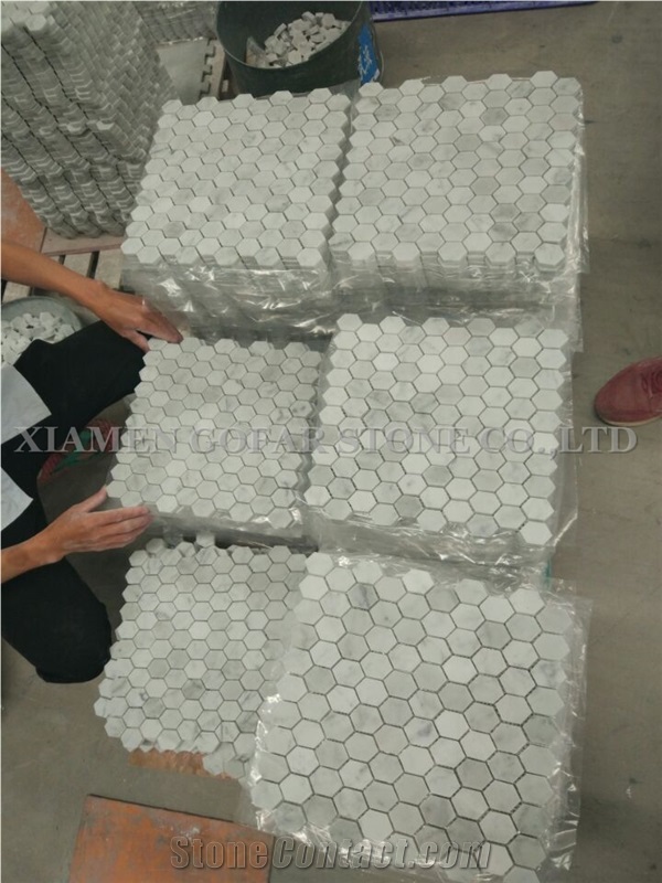 Bianco Carrara White Marble Polished Hexagon Mosaic for Bathroom Floor Covering,Kitchen Backsplash,Interior Walling Mosaic Pattern Tile