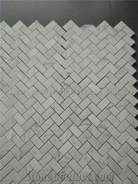 Polished A Bianco Carrara White Marble Basketweave Mosaic For