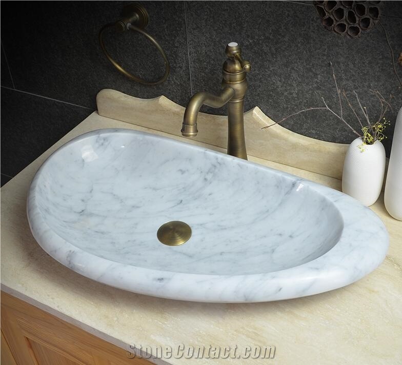Bianco Carrara White Marble Vessel and Oval Basin, Handmade Sink,Natural Stone Basin, Kitchen Sinks, Bathroom Sinks, Wash Bowls,China Hand Made Bathroom Washing Basin,Counter Top and Vanity Top Sink
