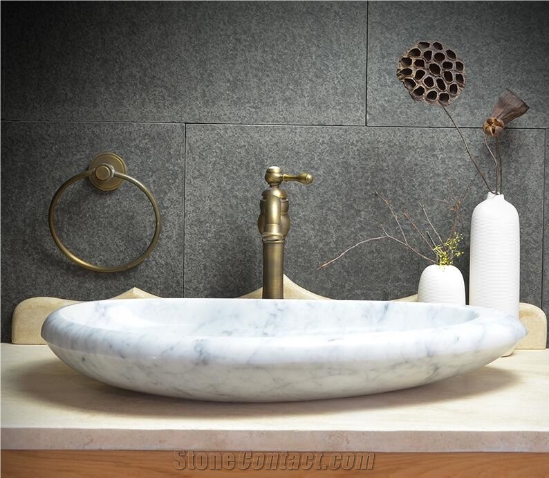 Bianco Carrara White Marble Vessel and Oval Basin, Handmade Sink,Natural Stone Basin, Kitchen Sinks, Bathroom Sinks, Wash Bowls,China Hand Made Bathroom Washing Basin,Counter Top and Vanity Top Sink