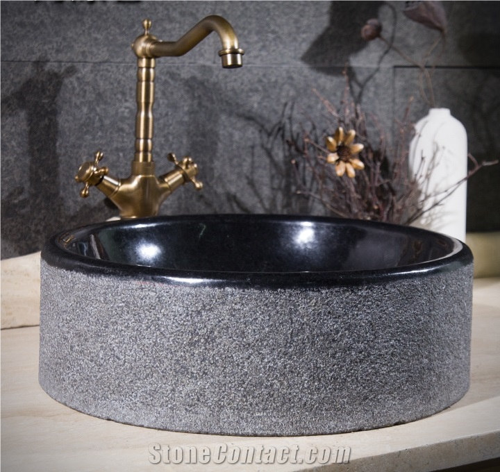 China Black Granite Round Basins,Special Surface Bathroom Sinks,Polished Stone Wash Bowls