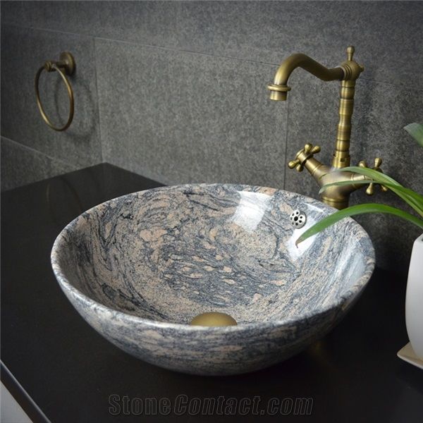 China Juparana Pink Granite Round Sink Natural Stone Basin