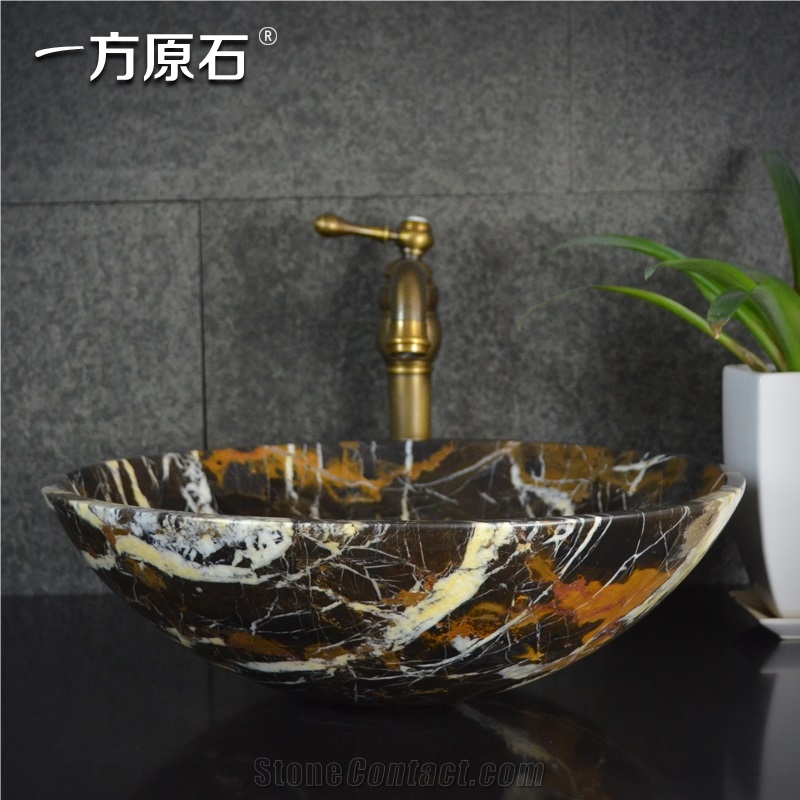 King Gold Marble Brown and Black Color Round Basin,Natural Stone Basin, Kitchen Sinks, Bathroom Sinks, Wash Bowls,China Hand Made Bathroom Washing Basin,Counter Top and Vanity Top Sink, Own Factory Wi