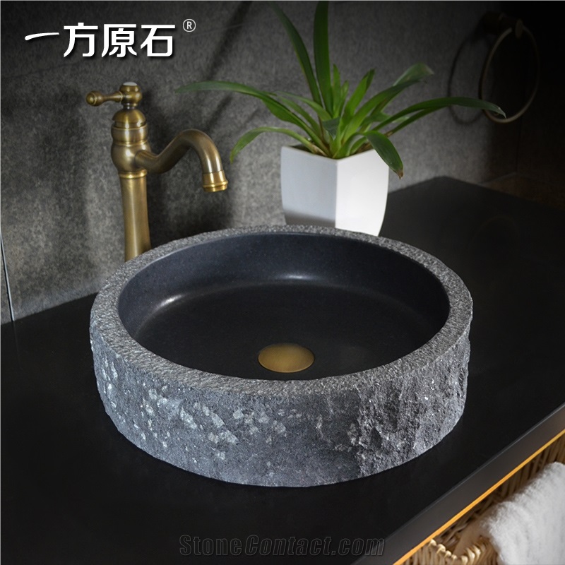 Mogolian Balck Basalt Granite Round Sink,Natural Stone Basin, Kitchen Sinks, Bathroom Sinks, Wash Bowls,China Hand Made Bathroom Washing Basin,Counter Top and Vanity Top Sink, Own Factory with Ce