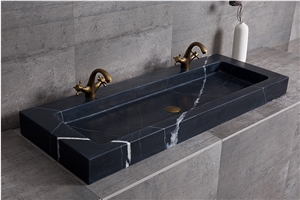 Nero Marquina Marble Bathroom Sinks,Black Rectangle Basins,Polished Marble Wash Basins,Double Vessel Sinks