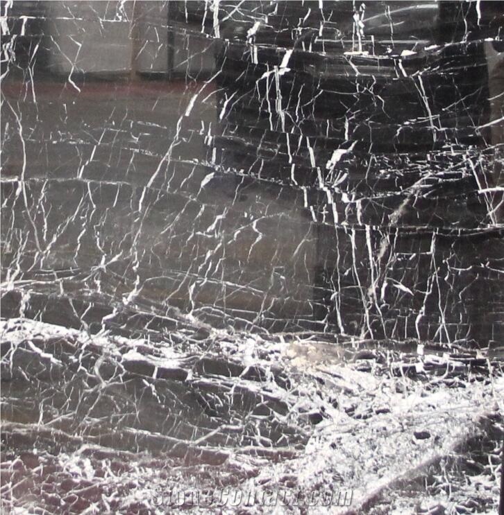 Spain Nero Marquina Marble Black Venato Hotel Floor Tile Use