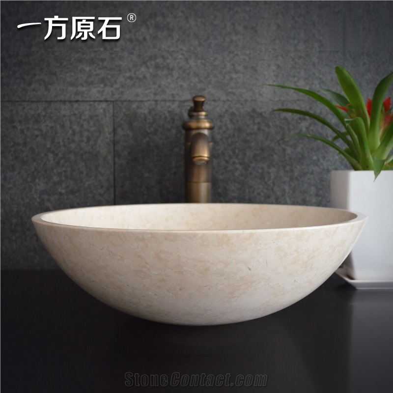 Sunny Beige Marble Round Wash Basin,Natural Stone Basin, Kitchen Sinks, Bathroom Sinks, Wash Bowls,China Hand Made Bathroom Washing Basin,Counter Top and Vanity Top Sink, Own Factory with Ce