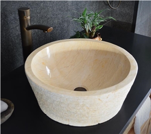 Sunny Yellow Round Marble Sink,Natural Stone Basin, Kitchen Sinks, Bathroom Sinks, Wash Bowls,China Hand Made Bathroom Washing Basin,Counter Top and Vanity Top Sink, Own Factory with Ce