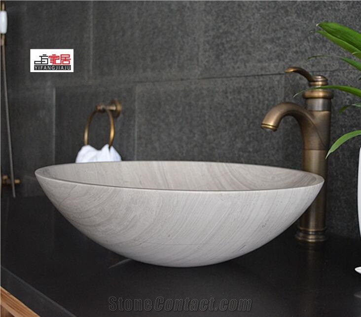 Wooden White Marble Round Sink, White Wooden Marble Basin, Bathroom Sinks, Wash Bowls,China Hand Made Bathroom Washing Basin, Own Factory with Ce
