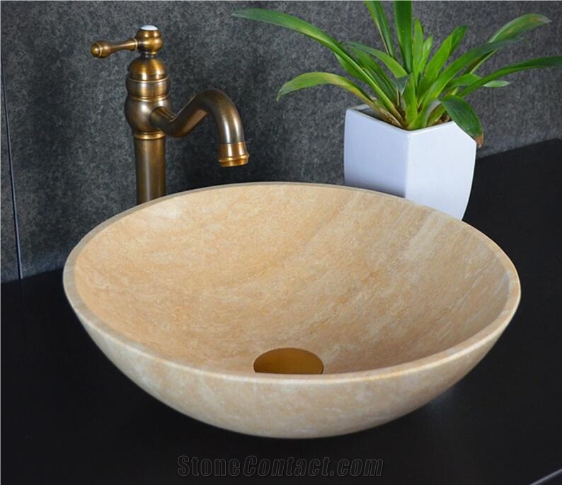 Yellow Marble Natural Stone Round Basin,Natural Stone Basin, Kitchen Sinks, Bathroom Sinks, Wash Bowls,China Hand Made Bathroom Washing Basin,Counter Top and Vanity Top Sink, Own Factory with Ce