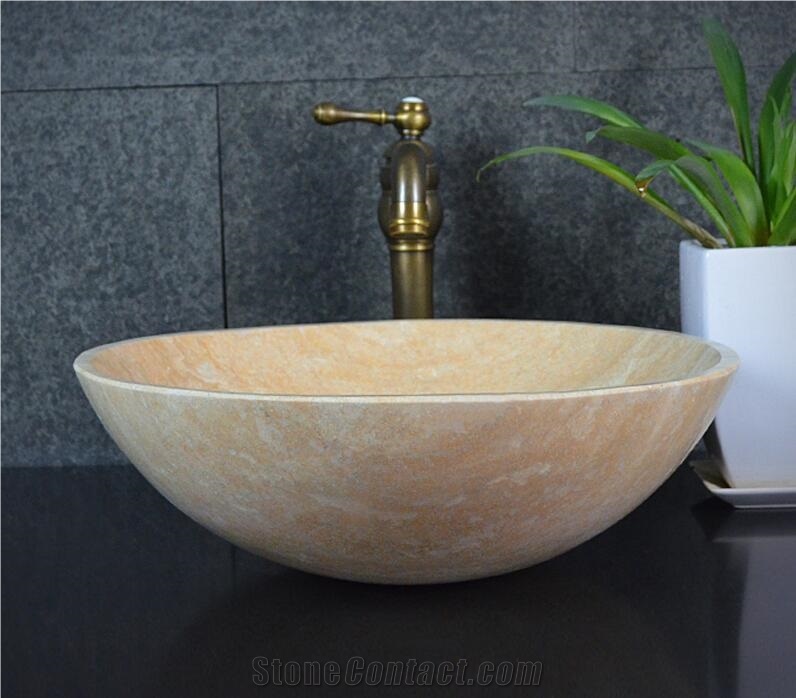 Yellow Marble Natural Stone Round Basin,Natural Stone Basin, Kitchen Sinks, Bathroom Sinks, Wash Bowls,China Hand Made Bathroom Washing Basin,Counter Top and Vanity Top Sink, Own Factory with Ce