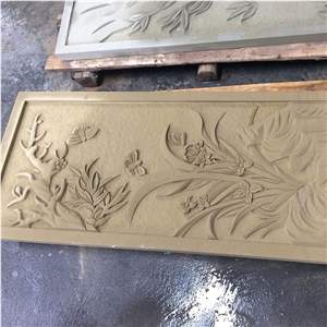 Chinese Sichuan Beige Sandstone Stone Relive Flower Relief Wall Panel