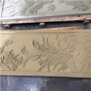 Chinese Sichuan Beige Sandstone Stone Relive Flower Relief Wall Panel