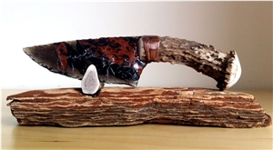 Tri-Color Transparent Obsidian with Coyote Jaw Handle, Tiger Obsidian with Deer Antler Handle