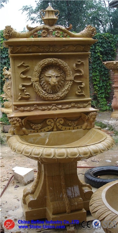 Carved White Granite Lion Sculptured Fountain,Fountains, White Granite Exterior Garden Fountains and Water Features