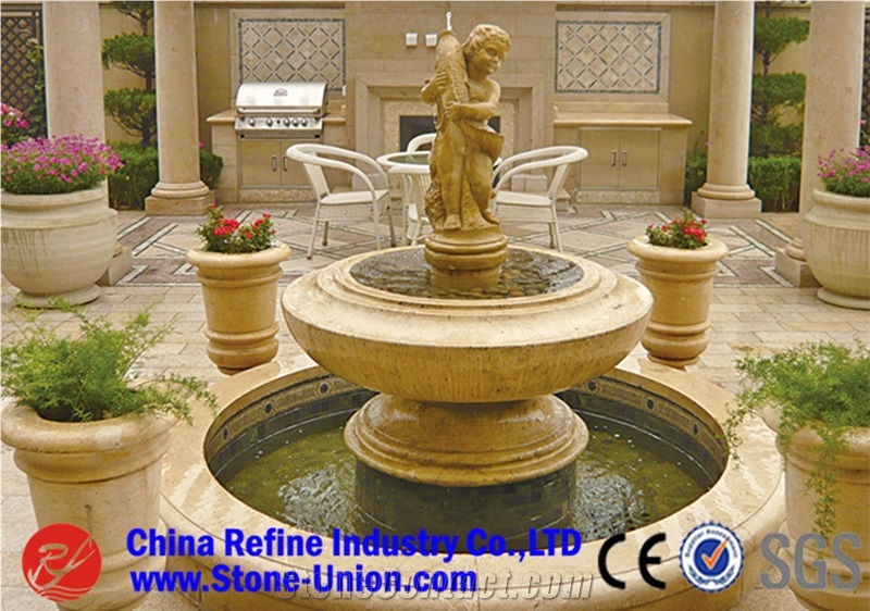 Western Style Yellow Marble Hand Carved Human Design Fountain,Yellow Marble Sculptured Fountain