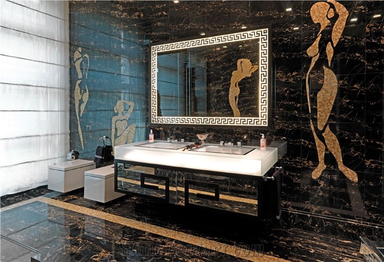 Nero Portoro Marble and Inlay Mosaic Bathroom Design