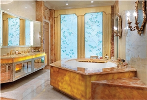 Translucent Onyx Panels, Mosaic Borders Bathroom Design