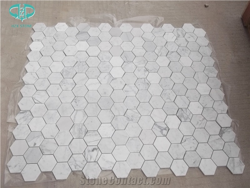 Carrara White Marble Polished/Honed Basketweave/Herrigbone Marble Mosaic Pattern Tiles