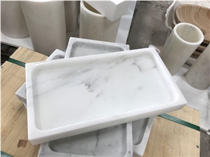Carrara White Marble Veiny Plate,Rectangle Honed Surface Marble Tea Tray