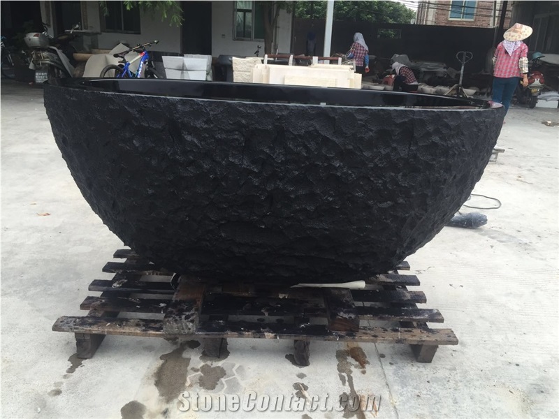 China Black Basalt Bathtub, Honed and Bush-Hammered Surface Finished Tubs,Natural Stone Bathtub for Hotel Decor