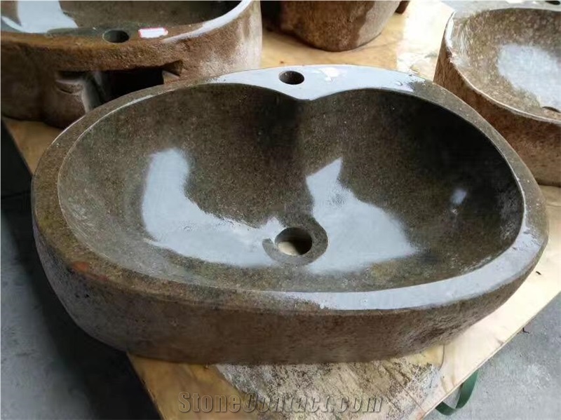 China River Stone Basin,Natural Pebble Stone Sinks,Polished Inside for Outdoor Basins