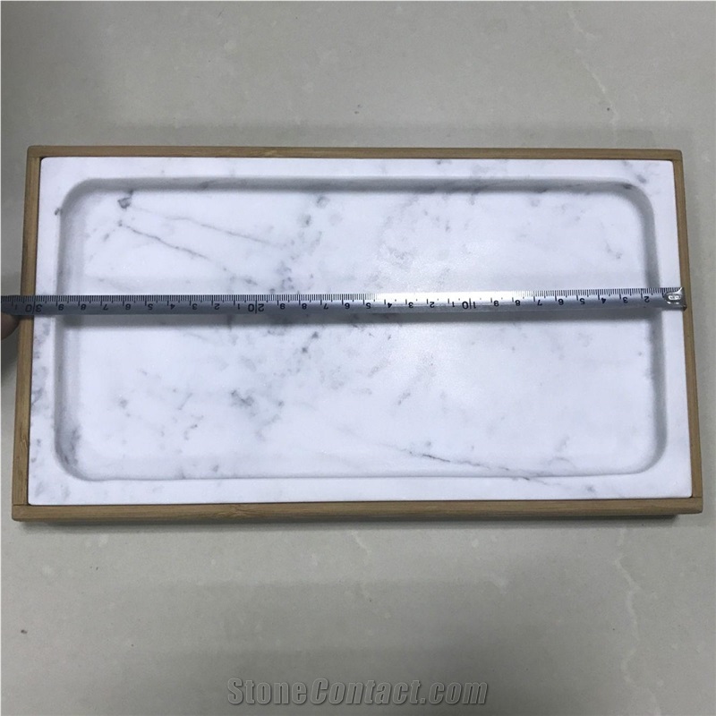 New Carrara White Marble Trays,Polished Marble Plate with Bamboo Tap