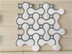 Garden & Balcony Marble and Glass Mosaic, Kitchen Marble and Glass Mosaic Polished Waterjet Mosaic Pattern Mosaic Tiles, White Marble Mosaic