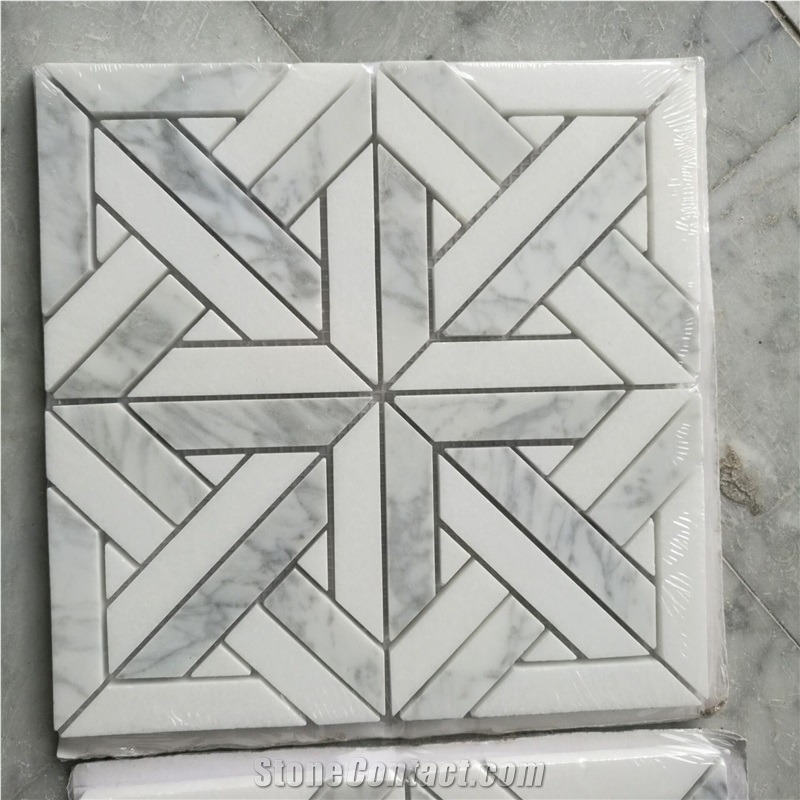 Natural Stone White Marble, Mosaic Tiles Pattern, Wall Cladding Mesh Mounted Polished Handmade Mosaic Pattern for Interior Hotel Bathroom Decor