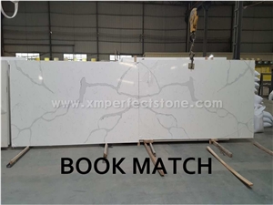 Book Match White Tile & Slab China White Calacatta,Bathroom Tiles for Flooring Wall Panel, Engineered Quartz Slabs