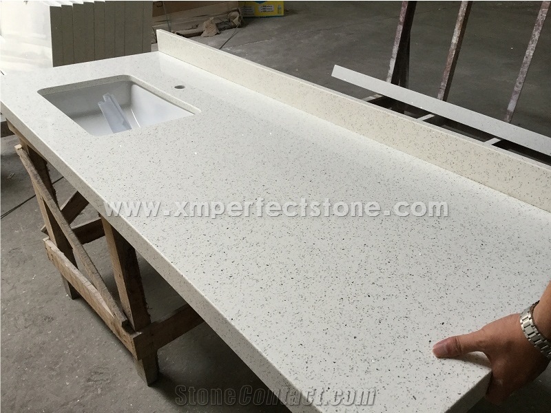 China Crystal White Quartz Countertops / 3cm Thick Countertops / Quartz Kitchen Countertops / Square Flat Edges Countertops / Countertops with Sinks / One Piece Kitchen Sink and Countertop