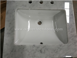 Italy Carrara White Marble Bath Vanity Countertops with Pre-Attached White Double Sinks