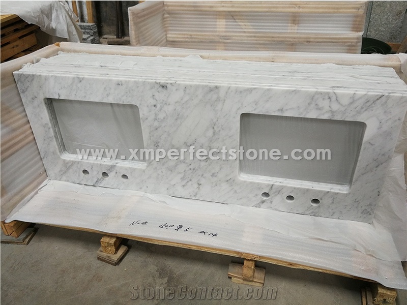 Italy Carrara White Marble Bath Vanity Countertops with Pre-Attached White Double Sinks