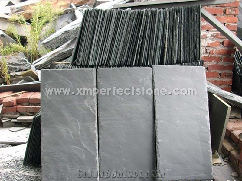 Rectangular Black Slate Roof Tile, Sides Natural Split,With Pre-Drilled Holes,Honed Surface,China Natural Black Slate Roof Tile