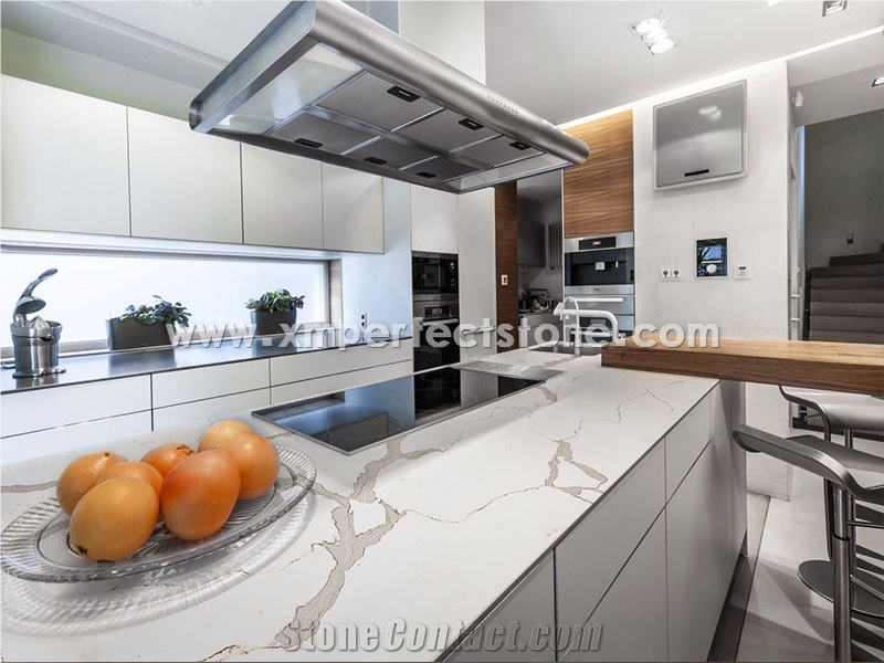 Sparking Calacatta Kitchen Countertop, Glass and Mirror Quartz Stone Countertops, Quartz Surface, Cut to Size