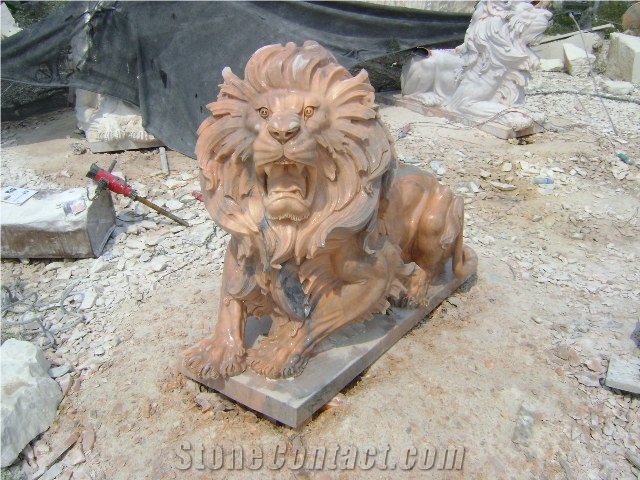 Outdoor China Sunset Red Marble Stone Lion Animal Sculptures