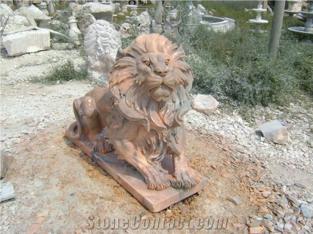 Outdoor China Sunset Red Marble Stone Lion Animal Sculptures