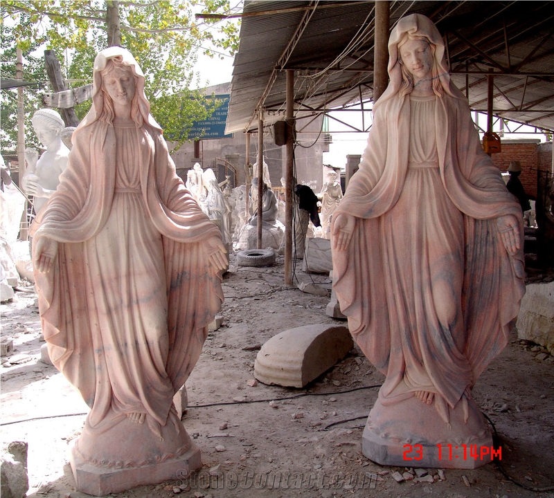 Polished Life Size Sunset Red Marble Virgin Mary Statues for Sale