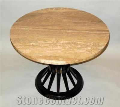 Polished Round Nature Gold Travertine Table Top with Iron Base Set