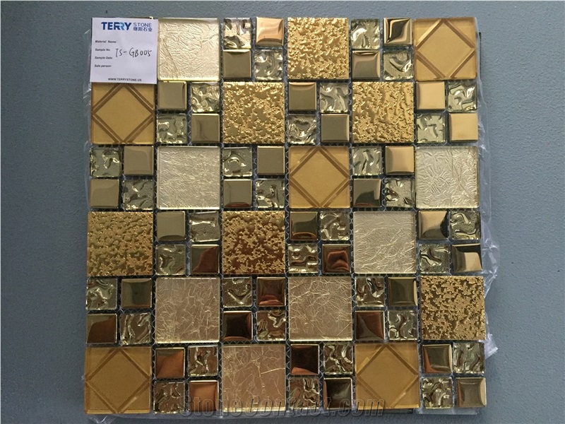 Golden Color Glass Mosaic, Metal Mosaic Tile Popular in the Moment Market, China Glass Mosaic for Bathroom