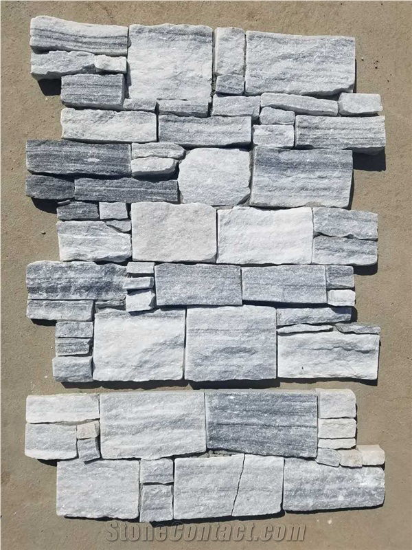 Grey Quartzite Waterfall Cultured Stone/Cloudy Grey Quartzite Stacked Stone/Light Grey Stackstone/Grey Culture Stone/Thin Stone Veneer/Ledge Stone for Wall Cladding/Garden Waterfall/Pool Warterfall