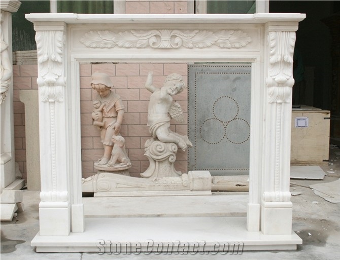 Handcarved Fireplace with Natural Stone Material ,White Marble Fireplace Design