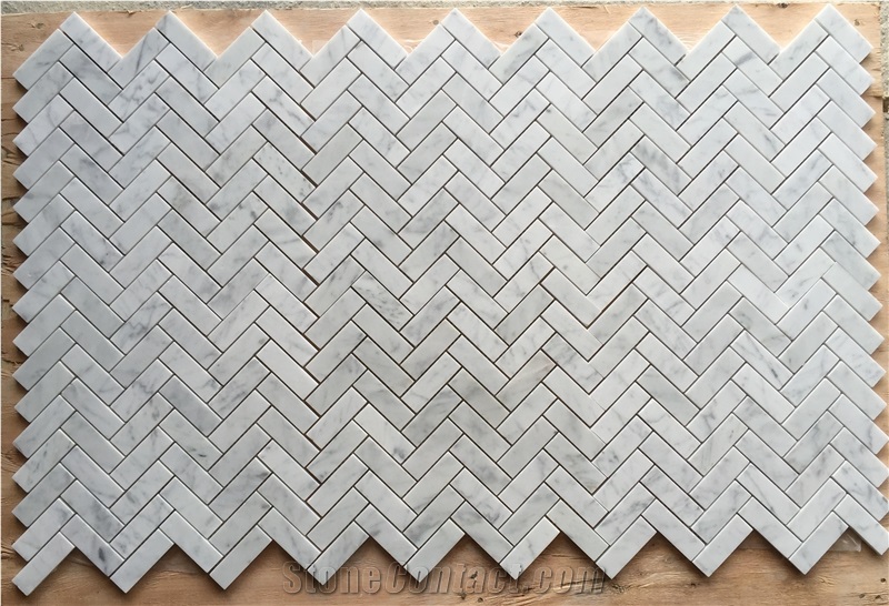 Italian Bianco Carrara Herringbone Mosaic, 1 X3 ,1 X4 ,1 X6" Herringbone, Customized Pattern, Wall and Flooring Covering Tile