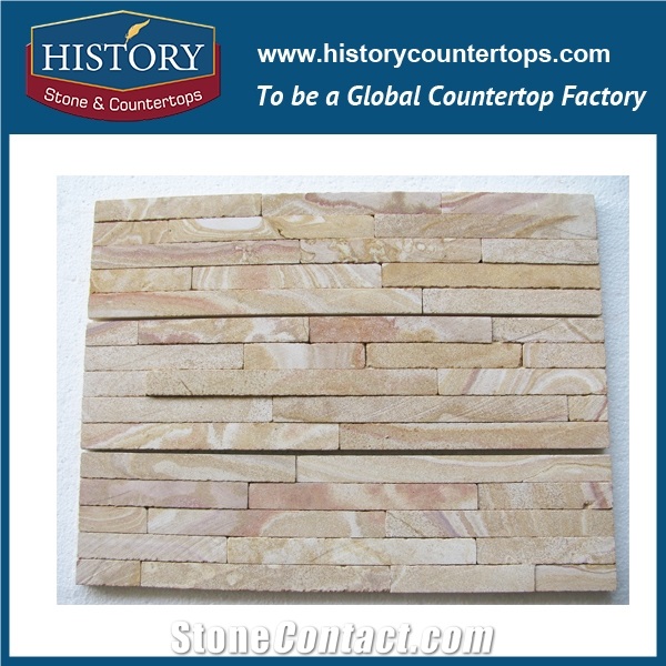 China Golden Natural Surface Sandstone Cultured Stone for Interlocking Exposed Decorative Wall Cladding Panels, Backside Covering